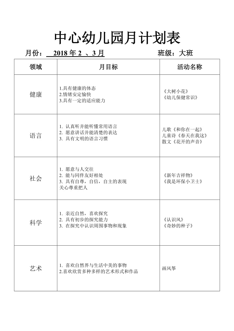 幼儿园月计划表大班(2)_第1页