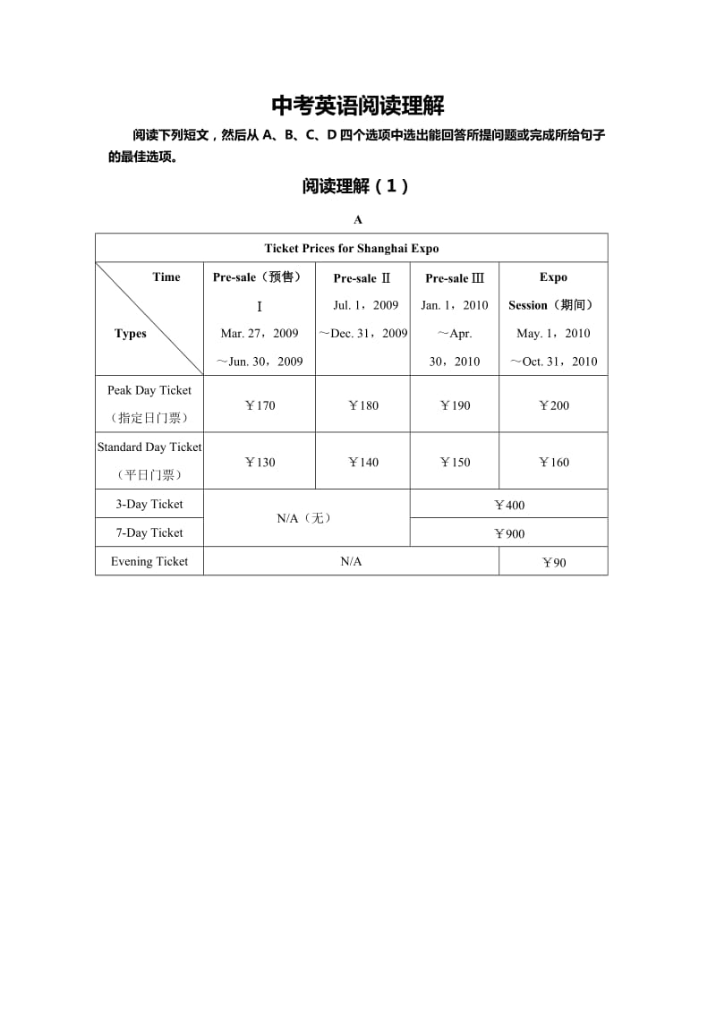 中考英语阅读理解(18篇)_第1页