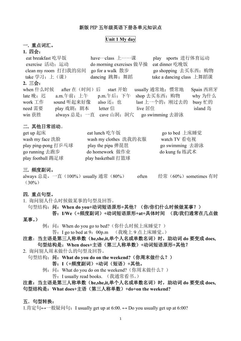 新版PEP五年级英语下册各单元知识点_第1页