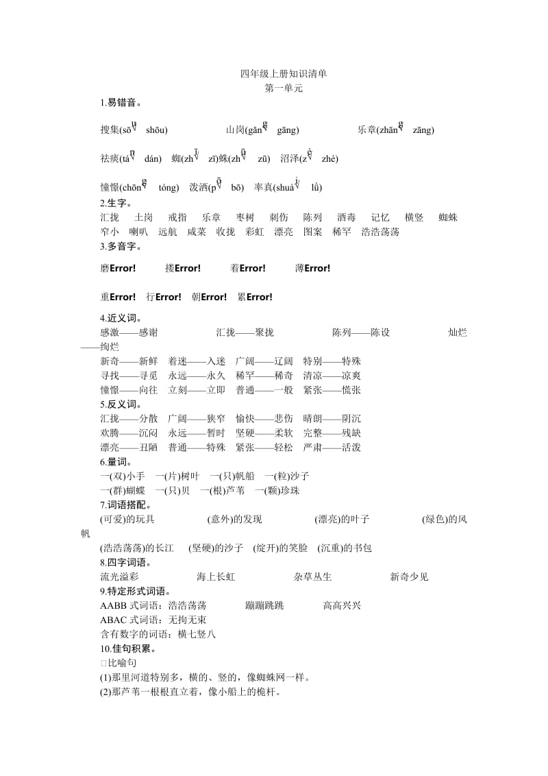 小学语文S版四年级上册知识清单汇总_第1页