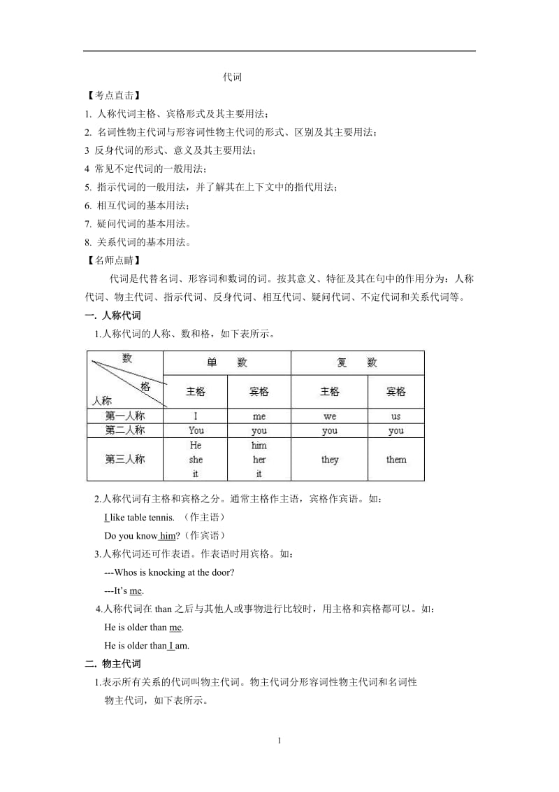 中考英语语法专题代词及习题_第1页