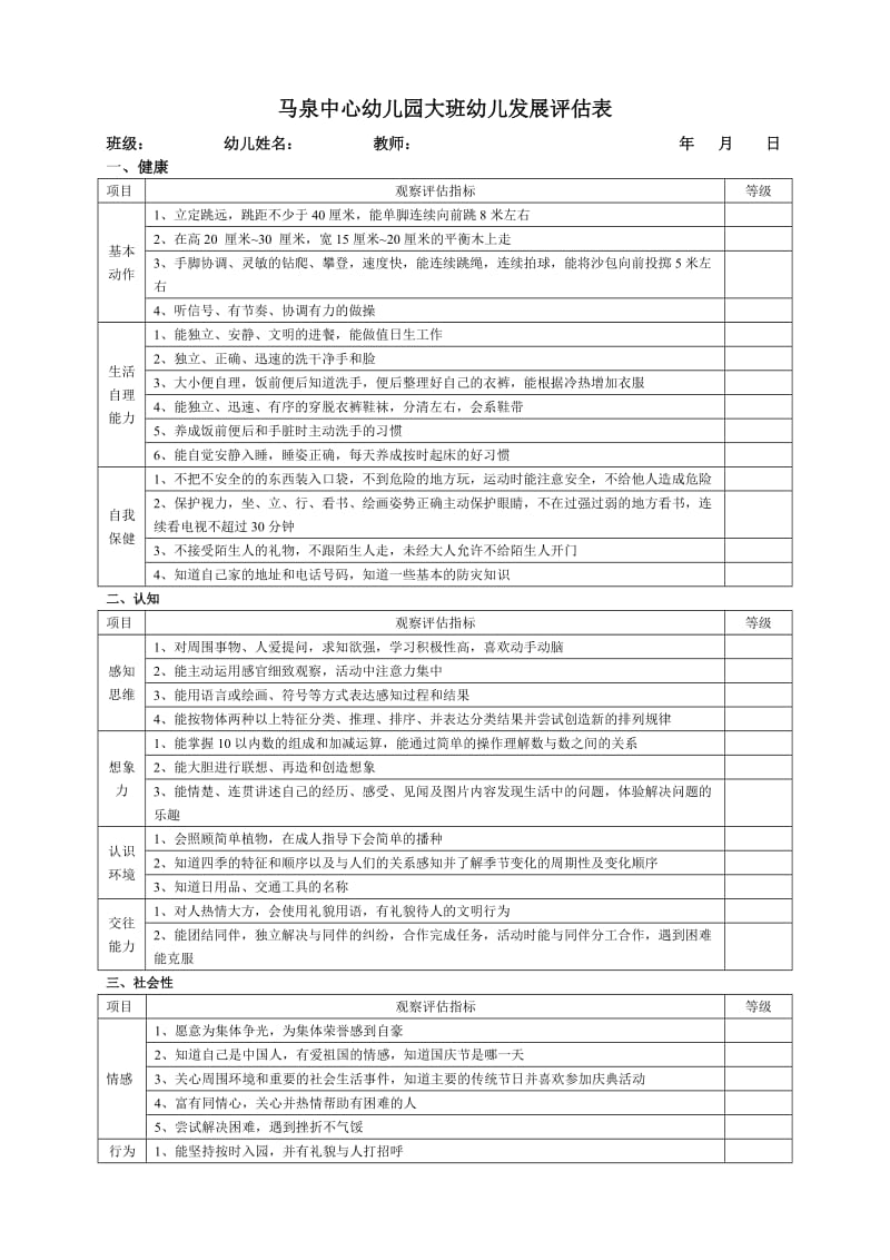 幼儿园大班幼儿发展评估表_第1页