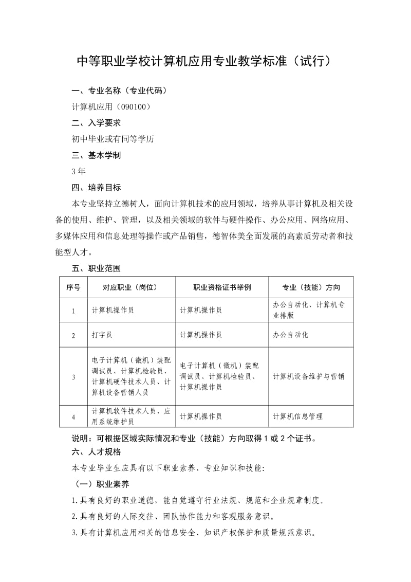 中等职业学校计算机应用专业教学标准_第1页