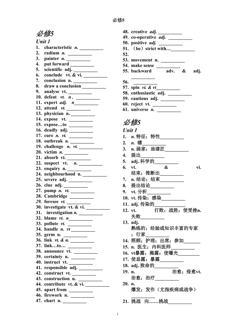 新课标人教版高中英语必修5单词(默写用)_第1页