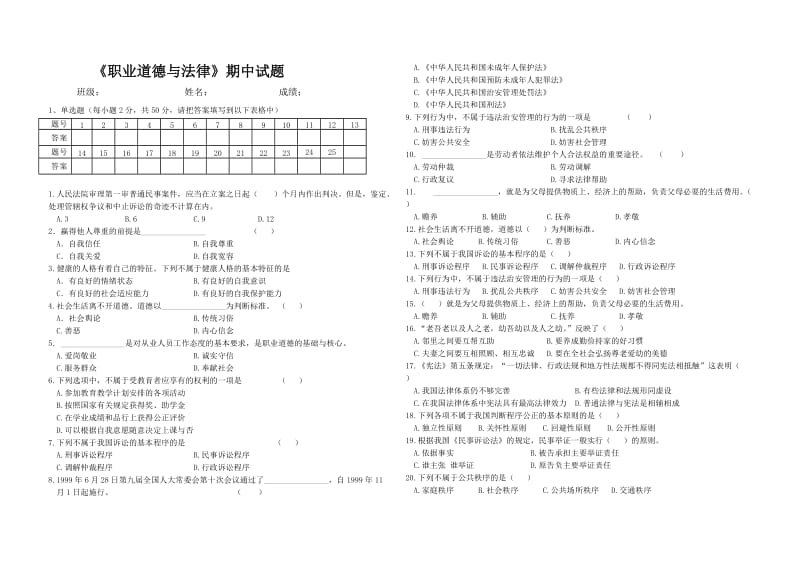 职业道德与法律期末试题及答案_第1页