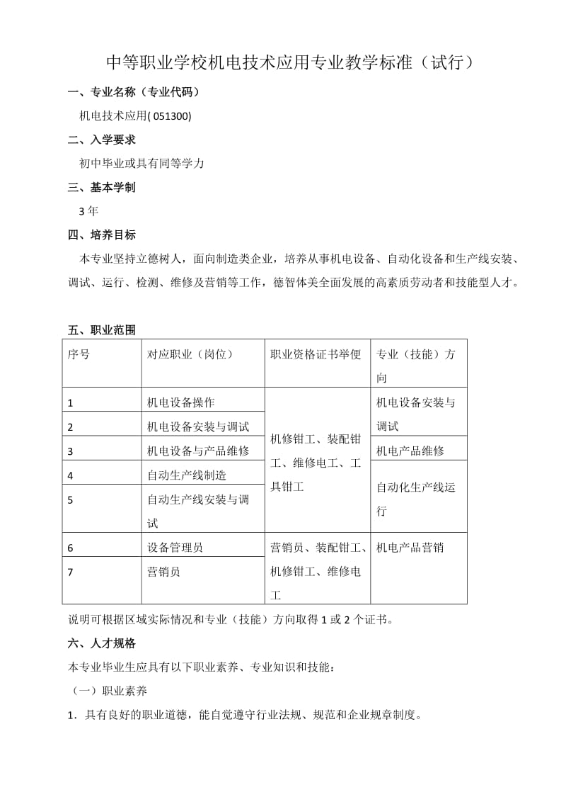 中等职业学校机电技术应用专业教学标准_第1页