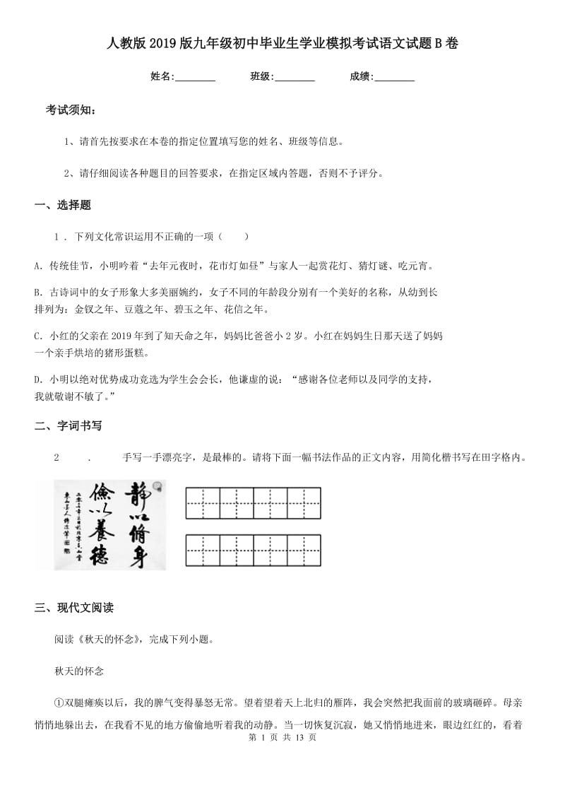 人教版2019版九年级初中毕业生学业模拟考试语文试题B卷_第1页