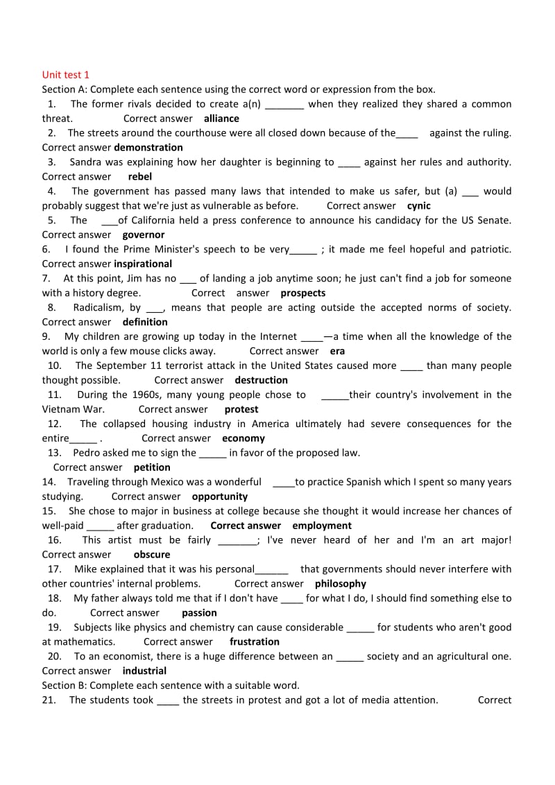 新标准大学英语综合英语2unit-test答案(unit1-10)_第1页