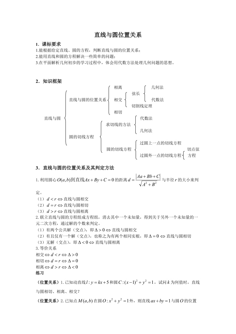 直线与圆位置关系知识点与经典例题_第1页