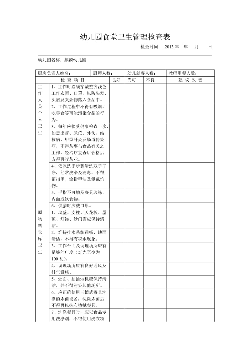 幼儿园食堂卫生管理检查表_第1页