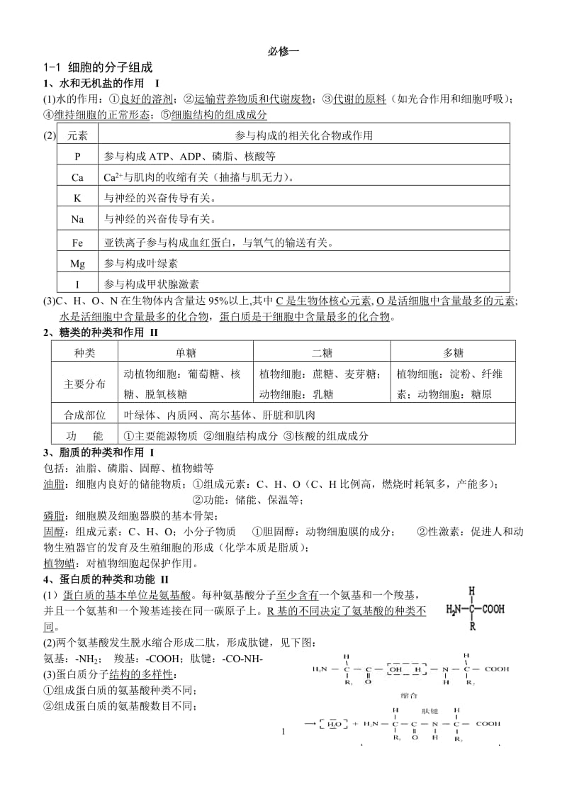 浙教版高中生物必修1知识点最新整理_第1页