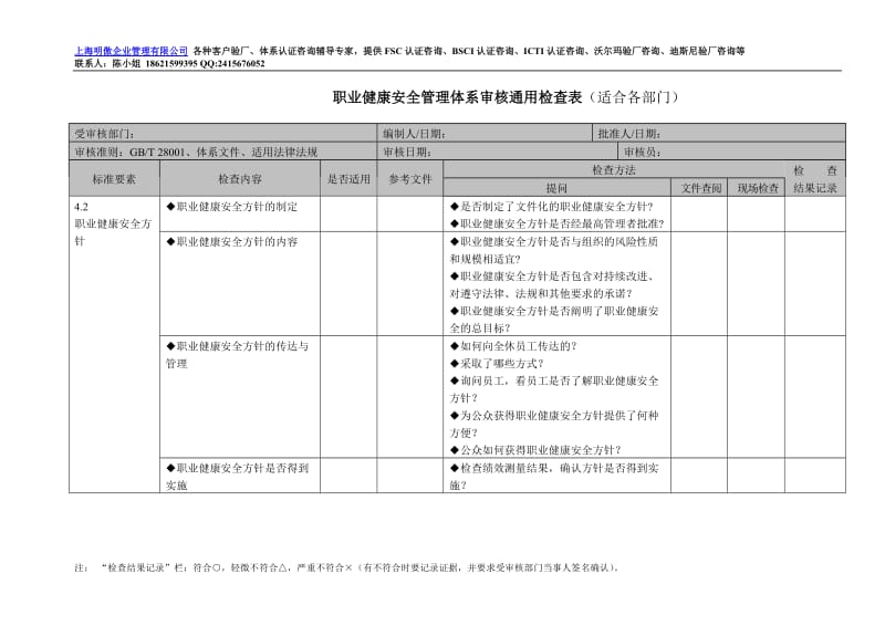 职业健康安全管理体系审核检查表_第1页