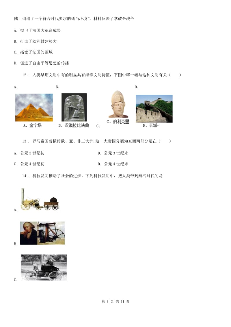 华师大版九年级下学期教学质量检测历史试题_第3页