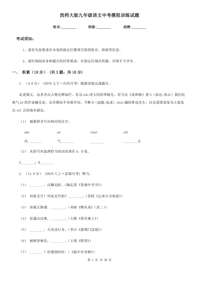 西师大版九年级语文中考模拟训练试题_第1页