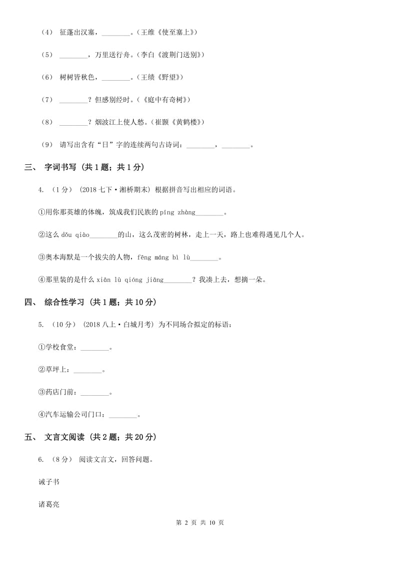 新人教版九年级语文中考模拟试卷_第2页