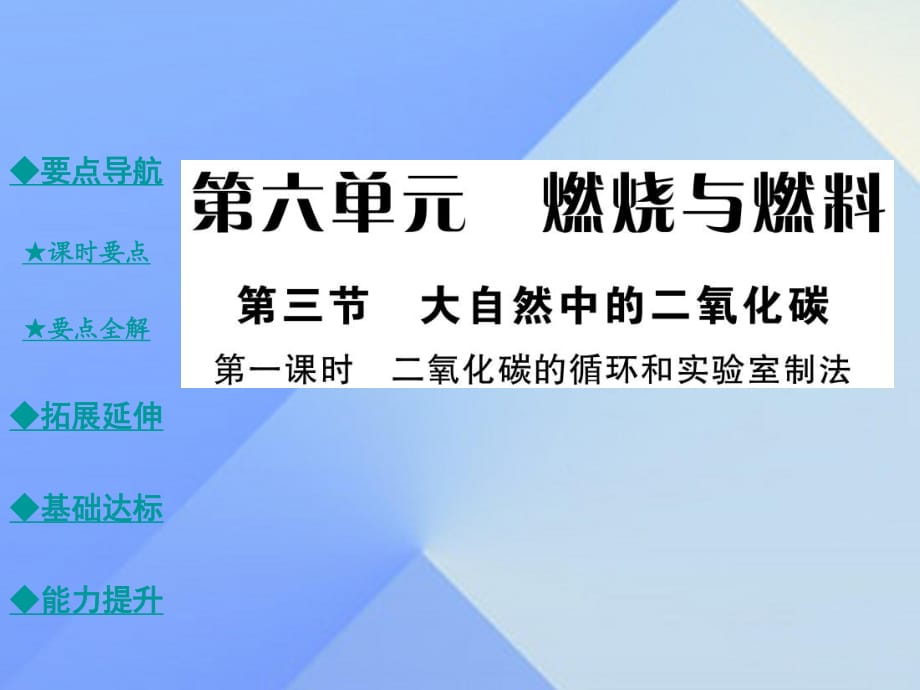 九年級(jí)化學(xué)上冊(cè) 第6單元 燃燒與燃料 第3節(jié) 大自然中的二氧化碳 第1課時(shí) 二氧化碳的循環(huán)和實(shí)驗(yàn)室制法教學(xué)課件 （新版）魯教版_第1頁(yè)