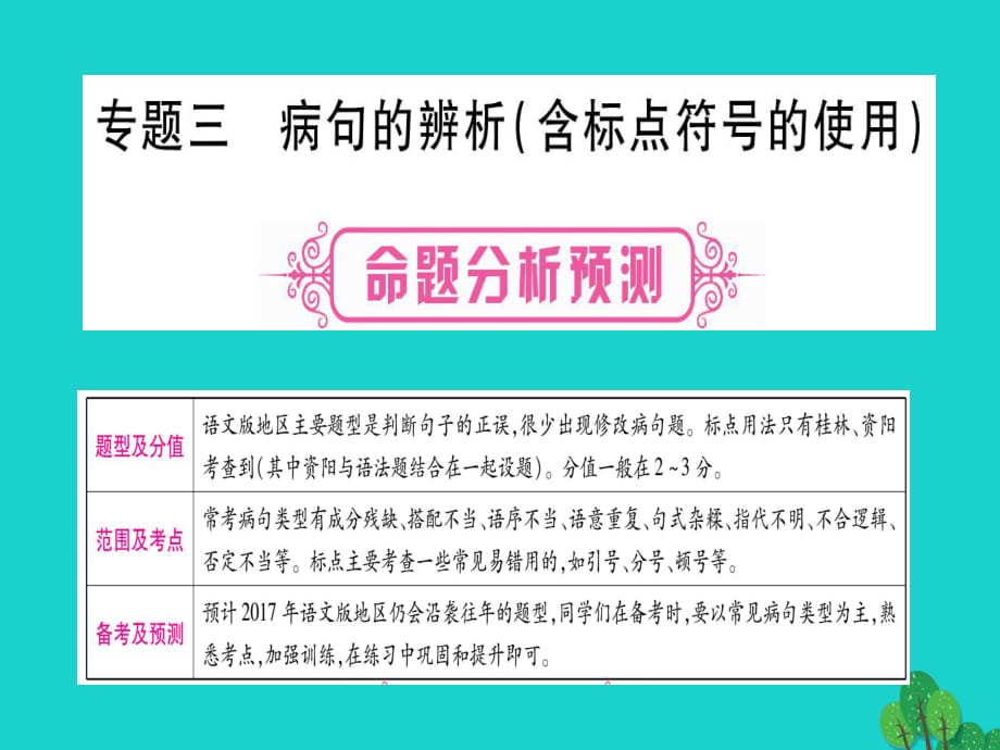 中考语文 专题复习精讲 专题三 病句的辨析（含标点符号的使用）课件 语文版_第1页