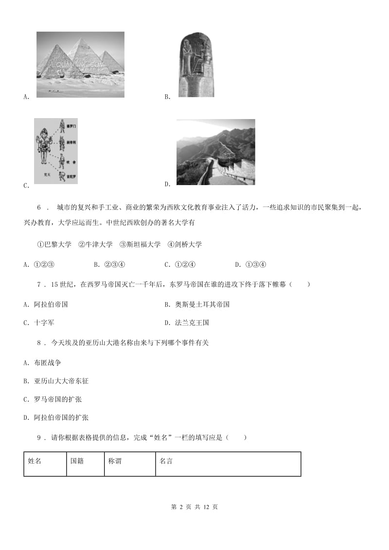 人教版2020年九年级上学期期中考试历史试题C卷（模拟）_第2页