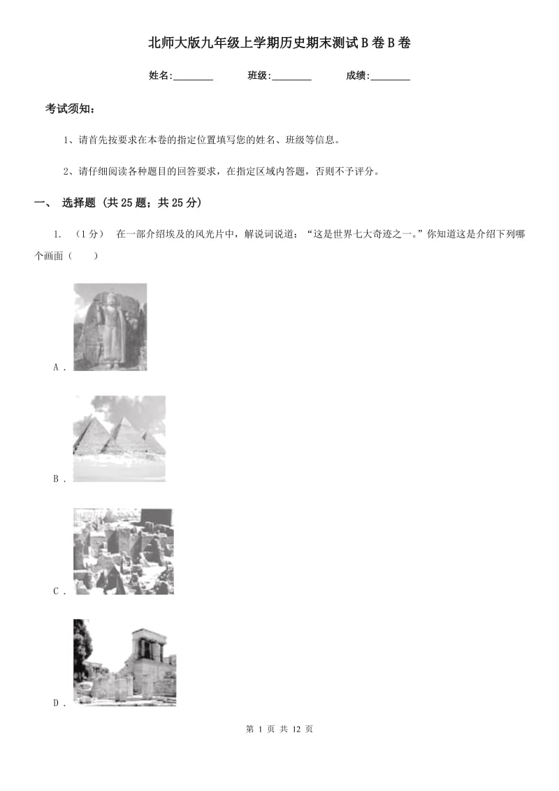 北师大版九年级上学期历史期末测试B卷B卷_第1页