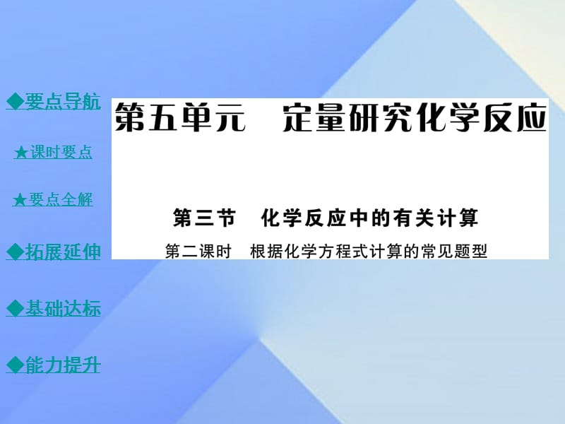 九年級化學(xué)上冊 第5單元 定量研究化學(xué)反應(yīng) 第3節(jié) 化學(xué)反應(yīng)中的有關(guān)計算 第2課時 根據(jù)化學(xué)方程式計算的常見題型教學(xué)課件 （新版）魯教版_第1頁