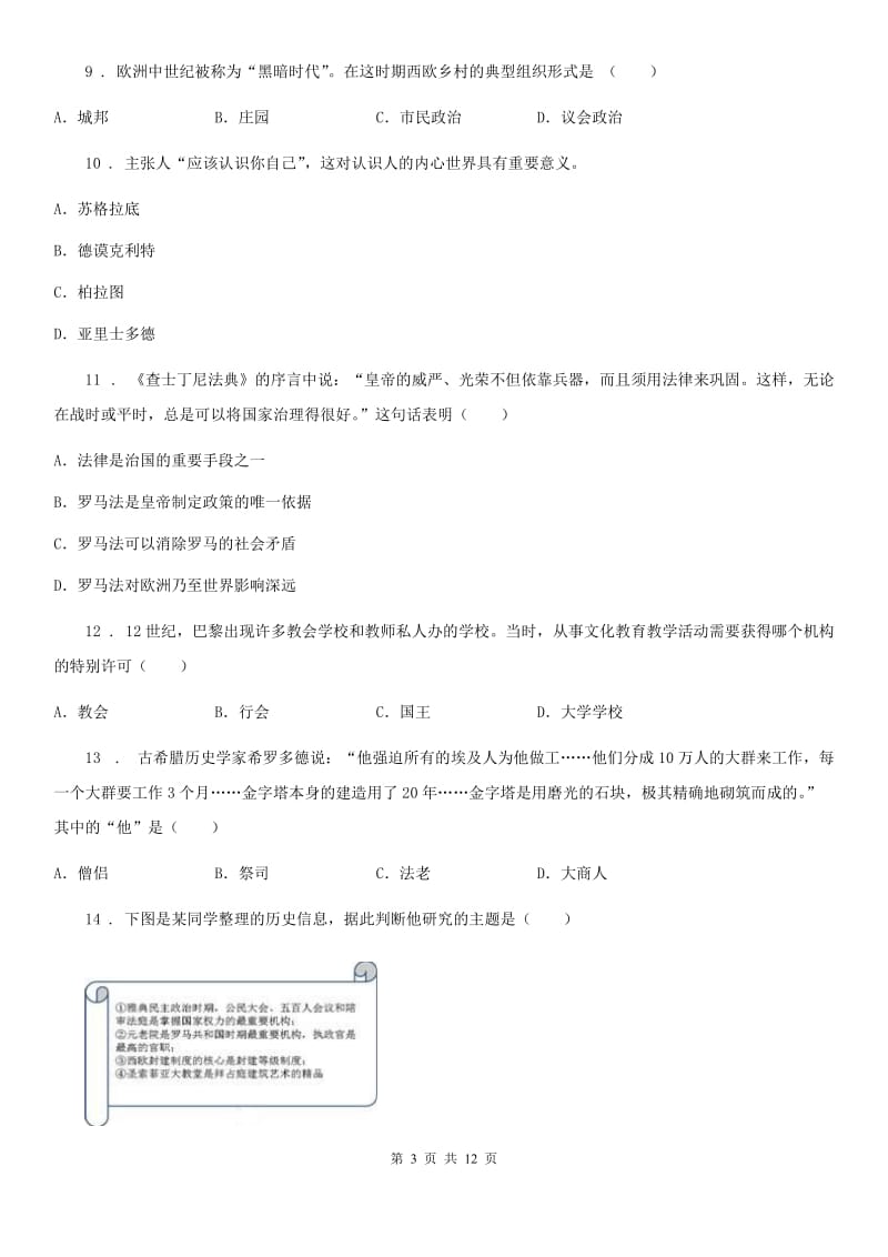 人教版2020年九年级上学期期中历史试题B卷(测试)_第3页