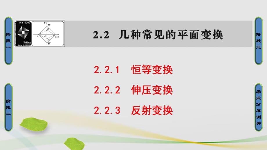 高中數(shù)學 2_2 幾種常見的平面變換 1 恒等變換 2 伸壓變換 3 反射變換課件 蘇教版選修4-2_第1頁