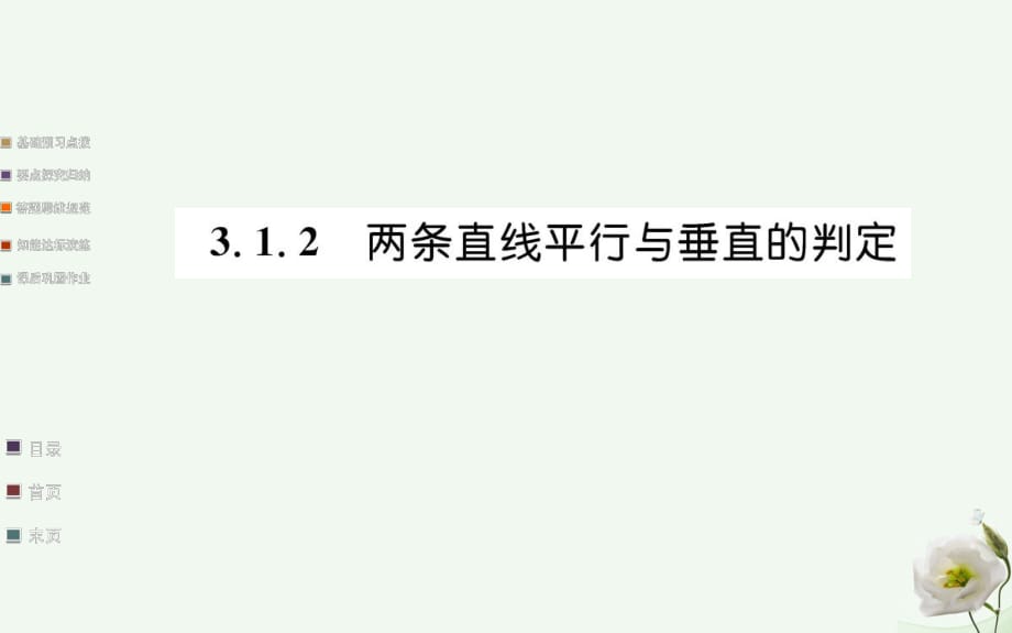 高中數(shù)學(xué) 第三章直線與方程 3.1 直線的傾斜角與斜率 3.1.2 兩條直線平行與垂直的判定課件 新人教A版必修2_第1頁