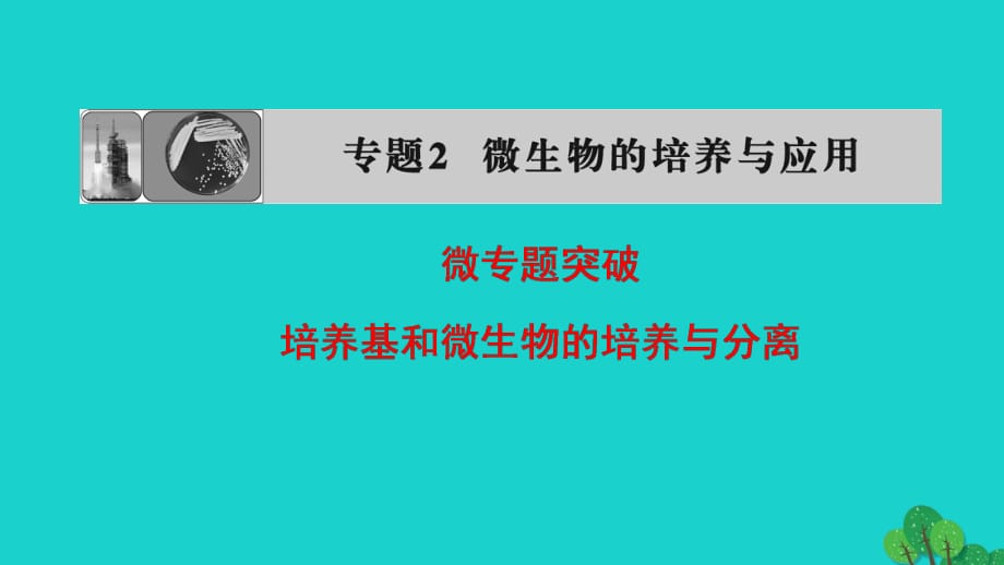 高中生物 專題2 微生物的培養(yǎng)與應(yīng)用 培養(yǎng)基和微生物的培養(yǎng)與分離微專題突破課件 新人教版選修1_第1頁