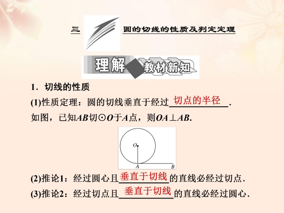 高中數(shù)學(xué) 第二講 三 圓的切線的性質(zhì)及判定定理課件 新人教A版選修4-1_第1頁