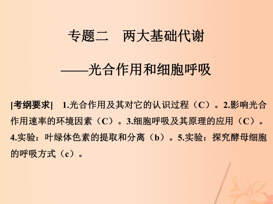 高考生物二轮复习 第二单元 生命系统的代谢基础 专题二 两大基础代谢——光合作用和细胞呼吸课件_第1页