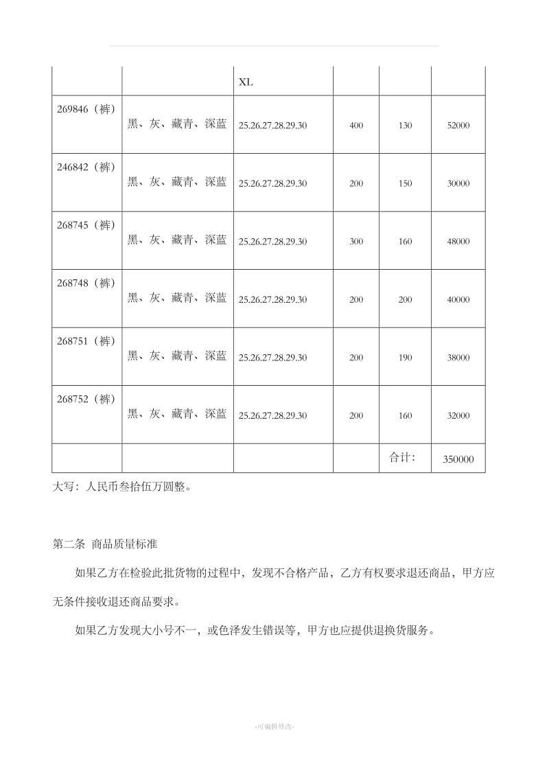 服装购销合同 (简单 明细 版)_第2页