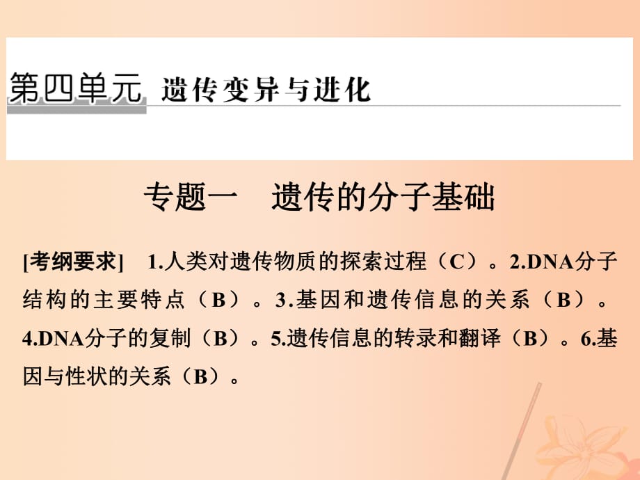 高考生物二輪復(fù)習(xí) 第四單元 遺傳變異與進(jìn)化 專題一 遺傳的分子基礎(chǔ)課件_第1頁