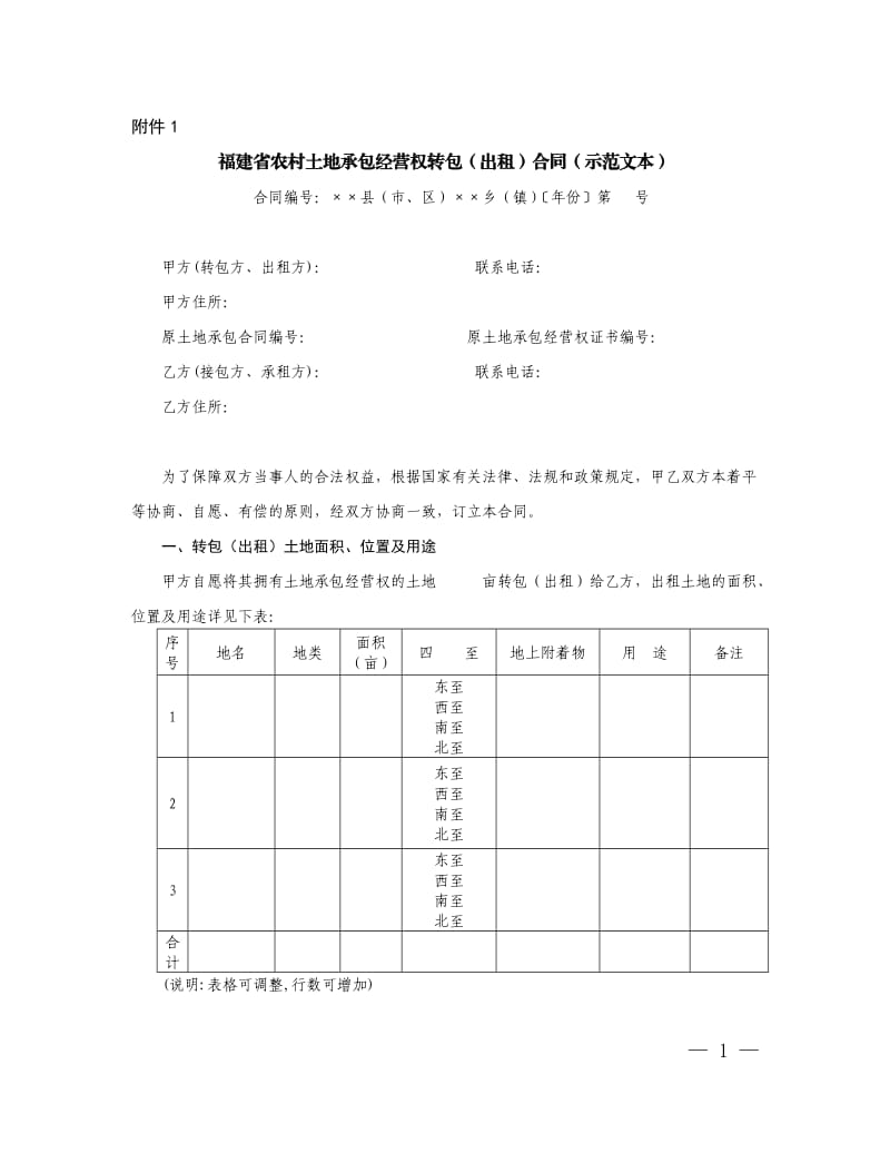 福建省农用土地流转合同范本(福建省农业厅制)_第1页