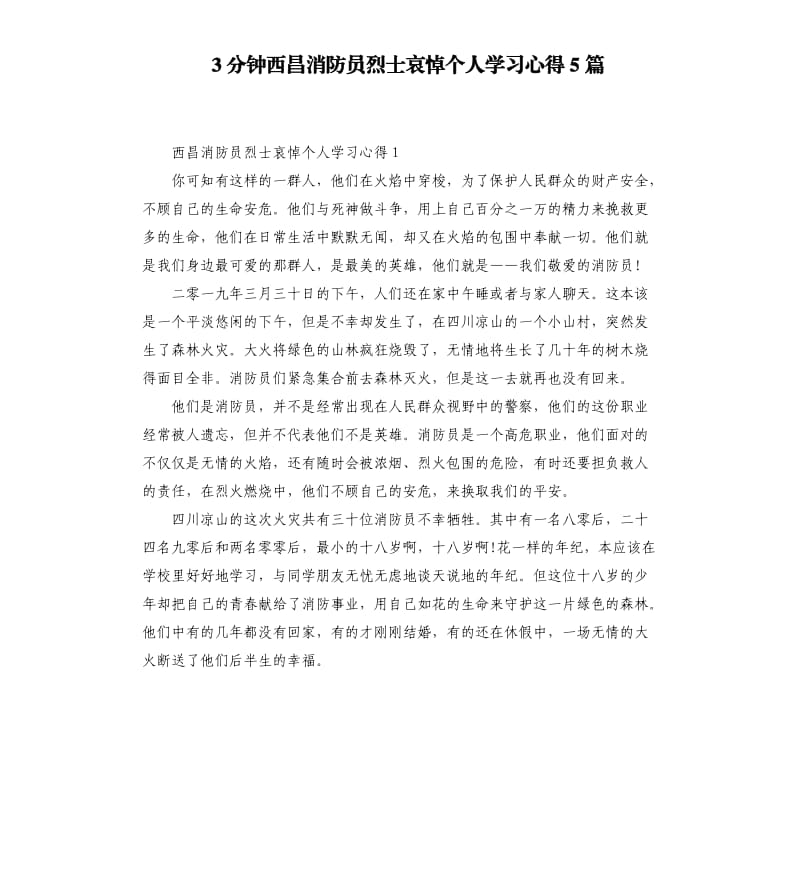 3分钟西昌消防员烈士哀悼个人学习心得5篇.docx_第1页
