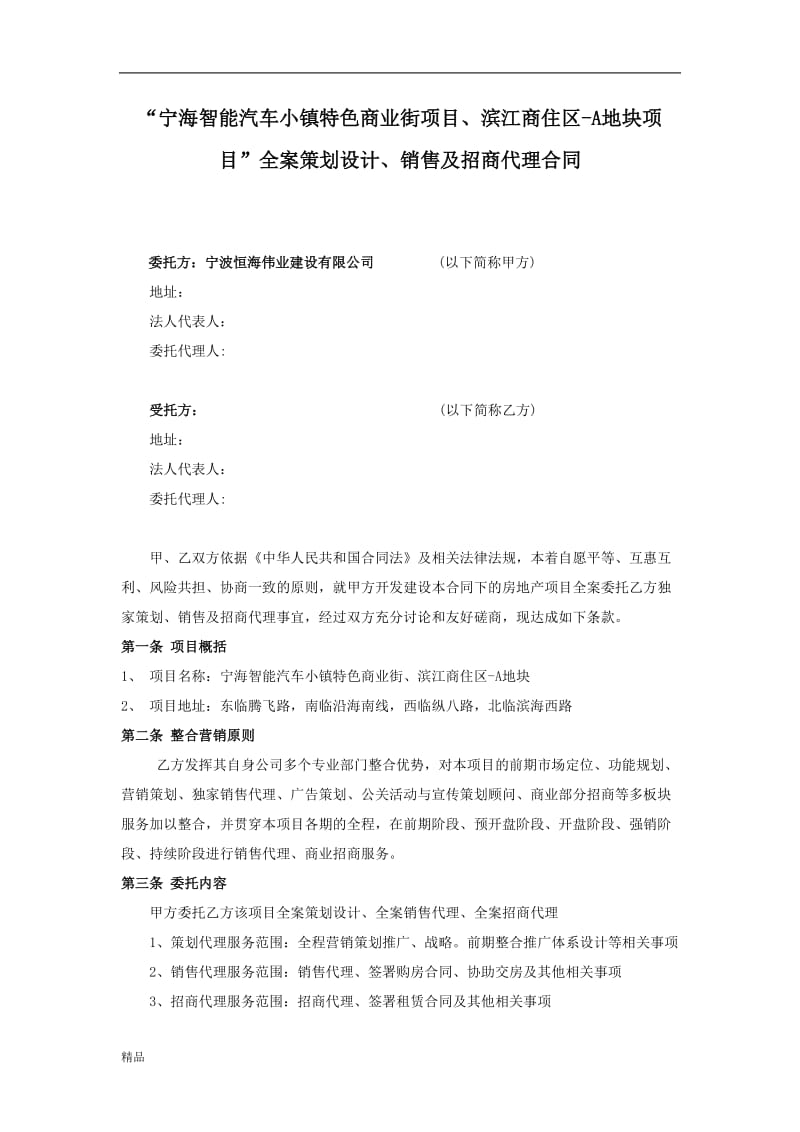 滨江商住区-A地块项目”全案策划设计、销售及招商代理合同文件(1)_第1页