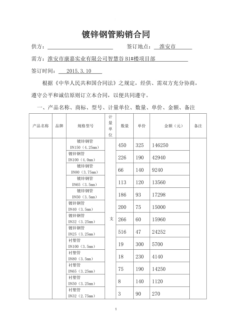 镀锌钢管购销合同(供出)_第1页