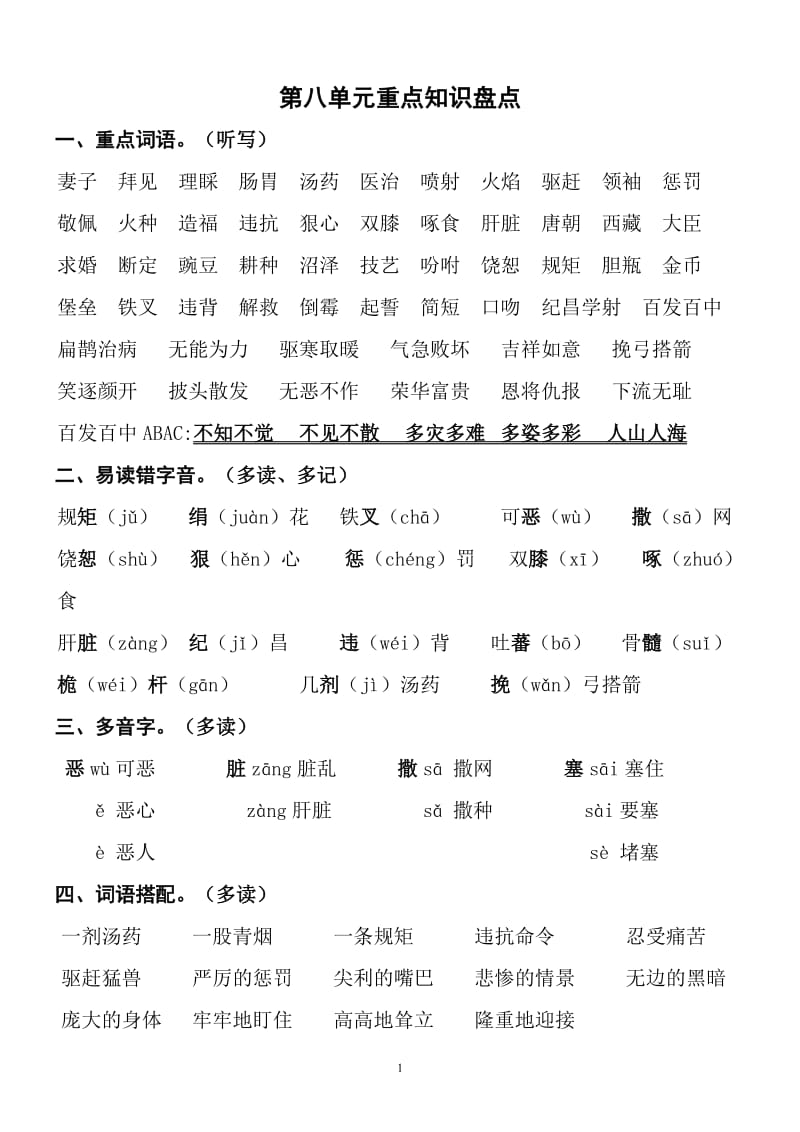 小学语文四年级下册 语文第八单元重点知识盘点_第1页