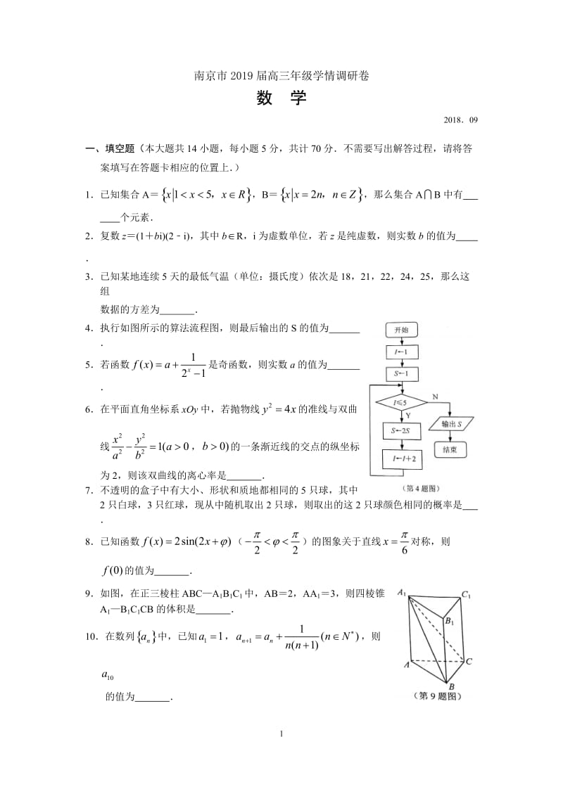 江苏南京市2019届高三年级学情调研卷(数学)试卷_第1页