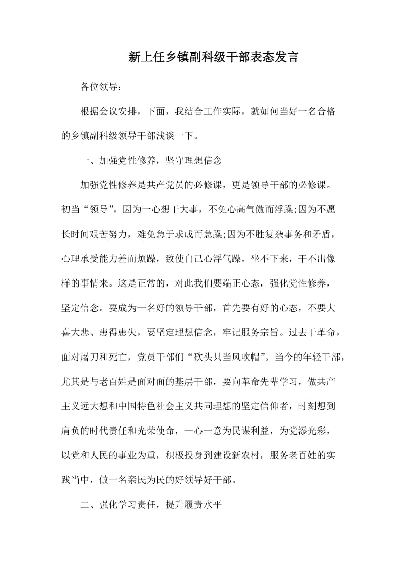 新上任乡镇副科级干部表态发言_第1页