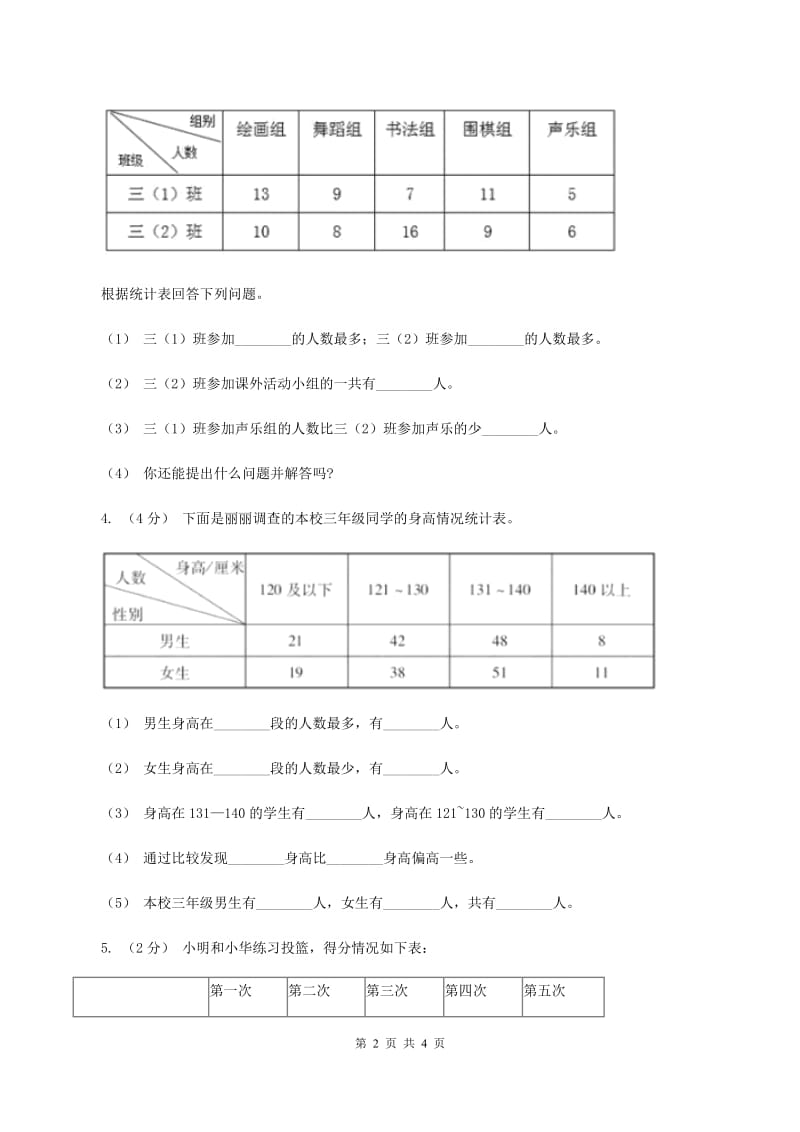 2019-2020学年小学数学人教版三年级下册 第三单元复式统计表单元卷A卷_第2页