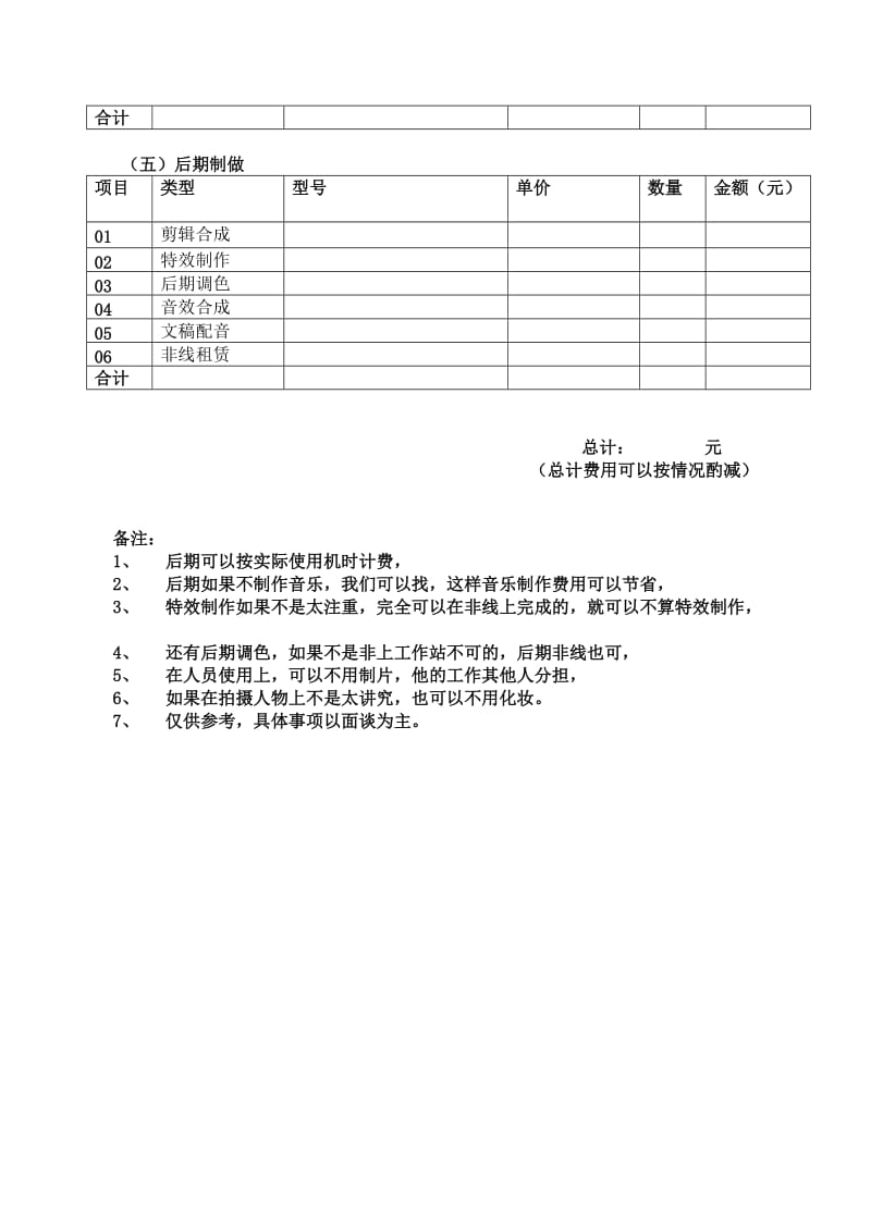 影视制作报价单空白表格_第2页