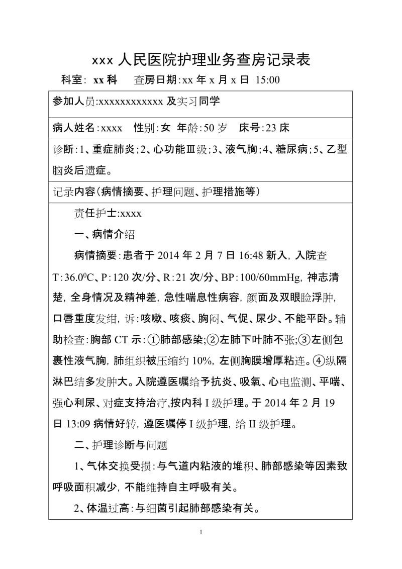 护理业务查房记录表_第1页