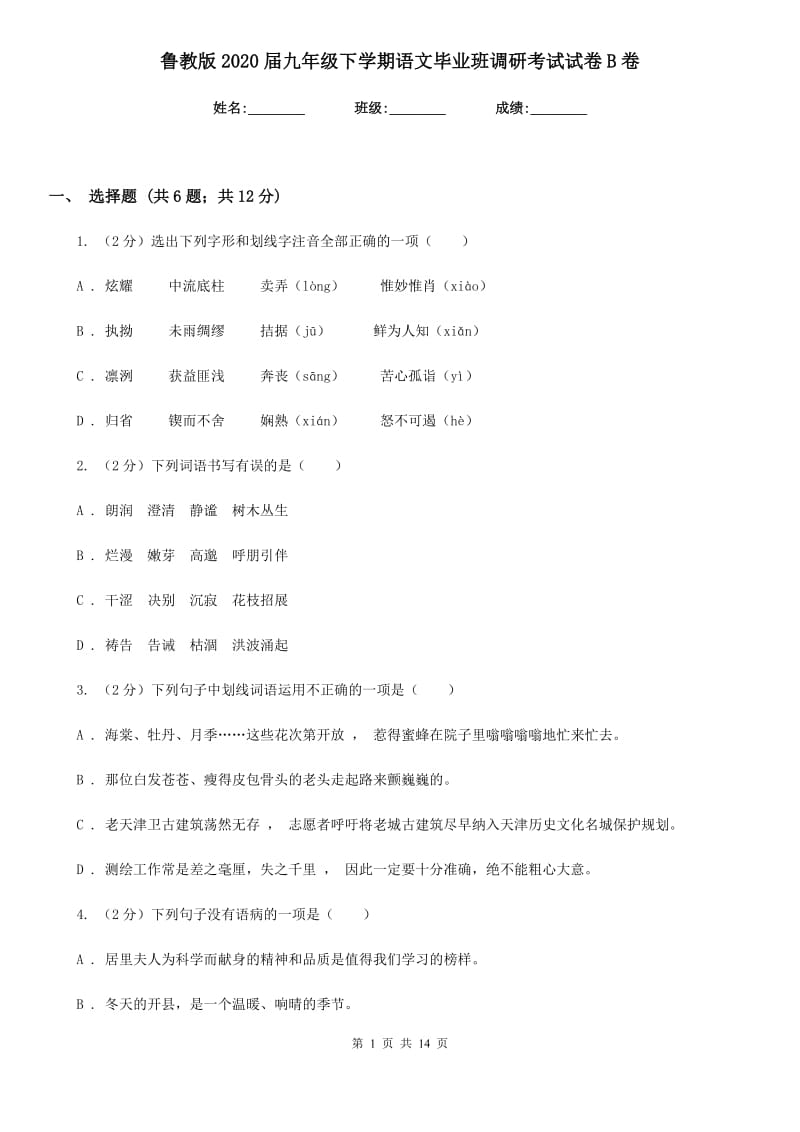 鲁教版2020届九年级下学期语文毕业班调研考试试卷B卷_第1页