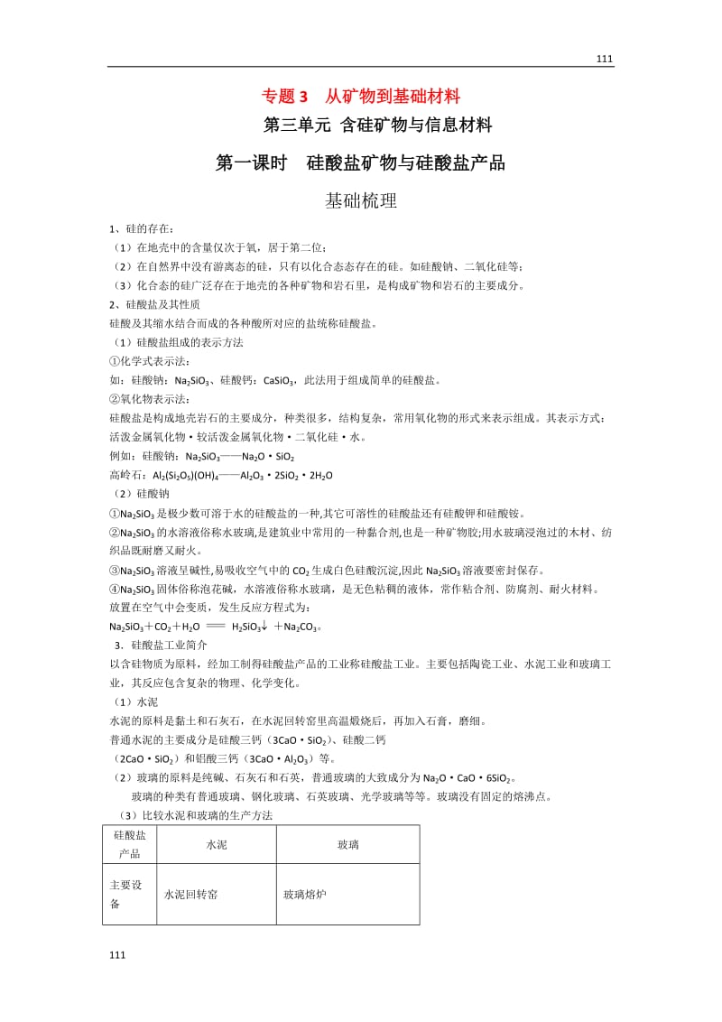 苏教版化学必修1同步练习 硅酸盐矿物与硅酸盐产品_第1页