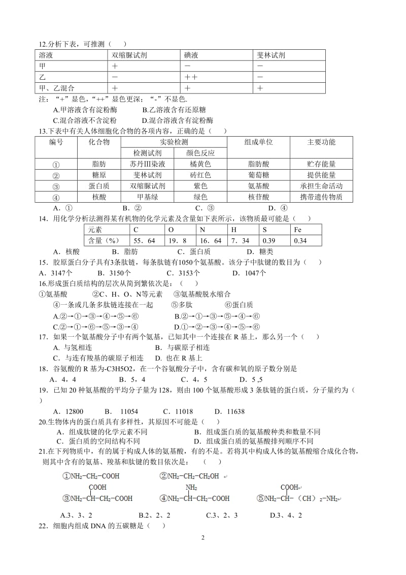 高一生物必修一第一、二章测验_第2页