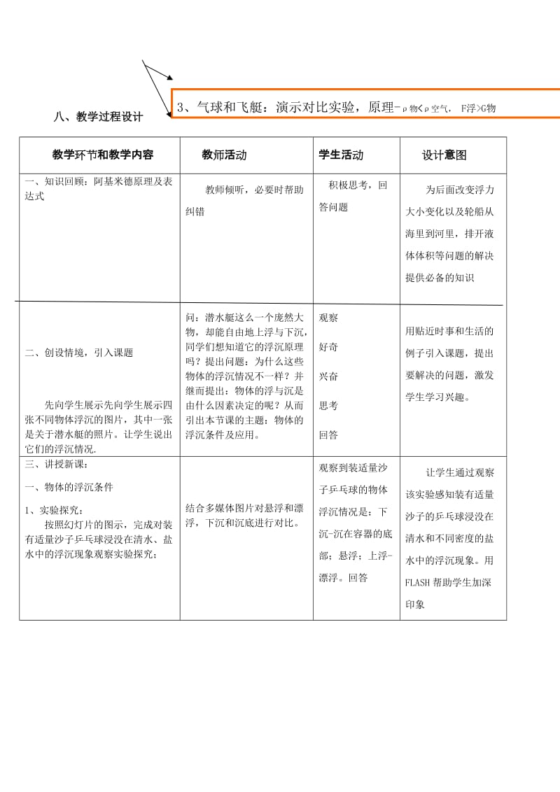 物体的浮沉条件及应用 教学设计李社萍_第3页