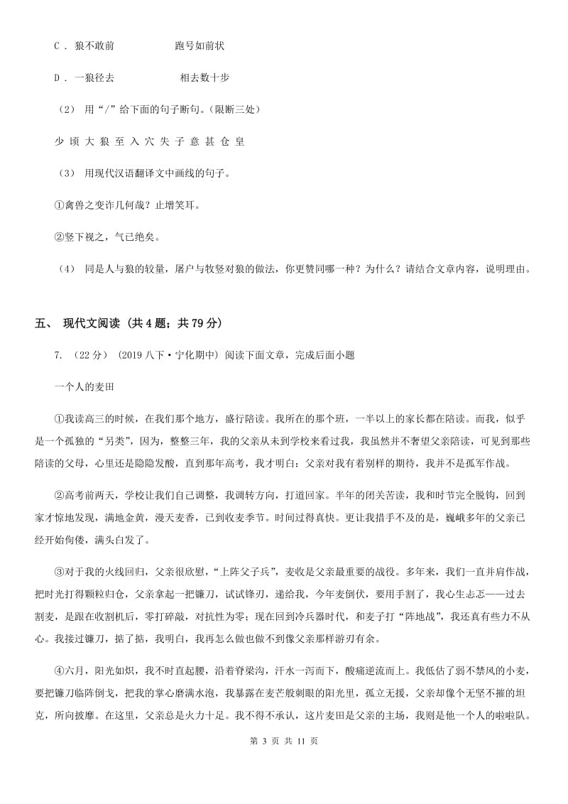 鄂教版语文中考适应性考试试卷C卷_第3页