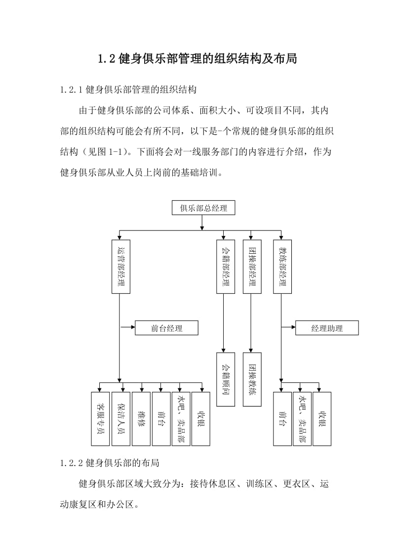 健身俱乐部管理的组织结构及布局_第1页