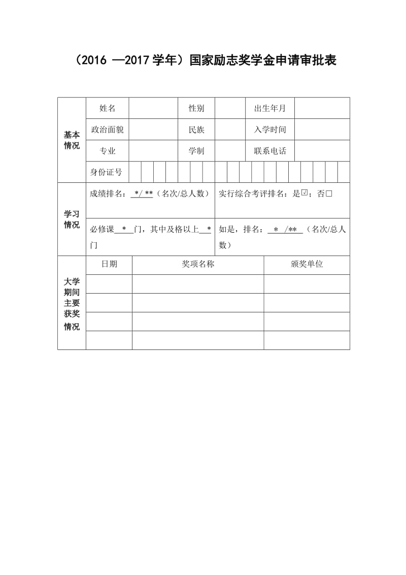 国家励志奖学金申请表模板_第1页