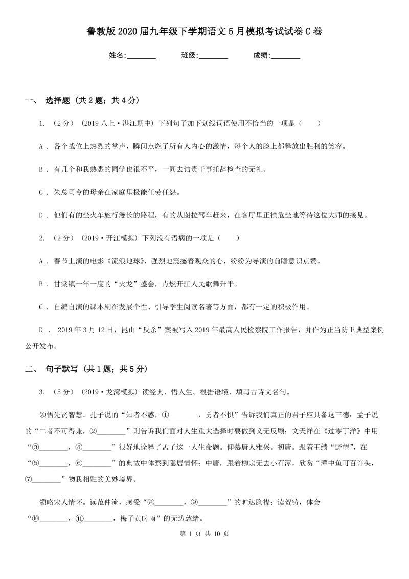 鲁教版2020届九年级下学期语文5月模拟考试试卷C卷_第1页